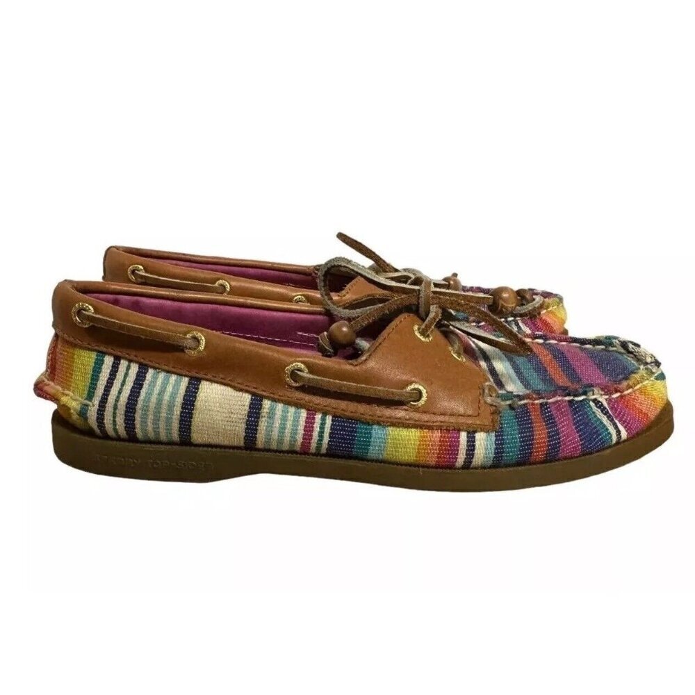 Sperry Top-Sider Womens 8M Rainbow Striped Leather Boat Shoes Slip On Madras